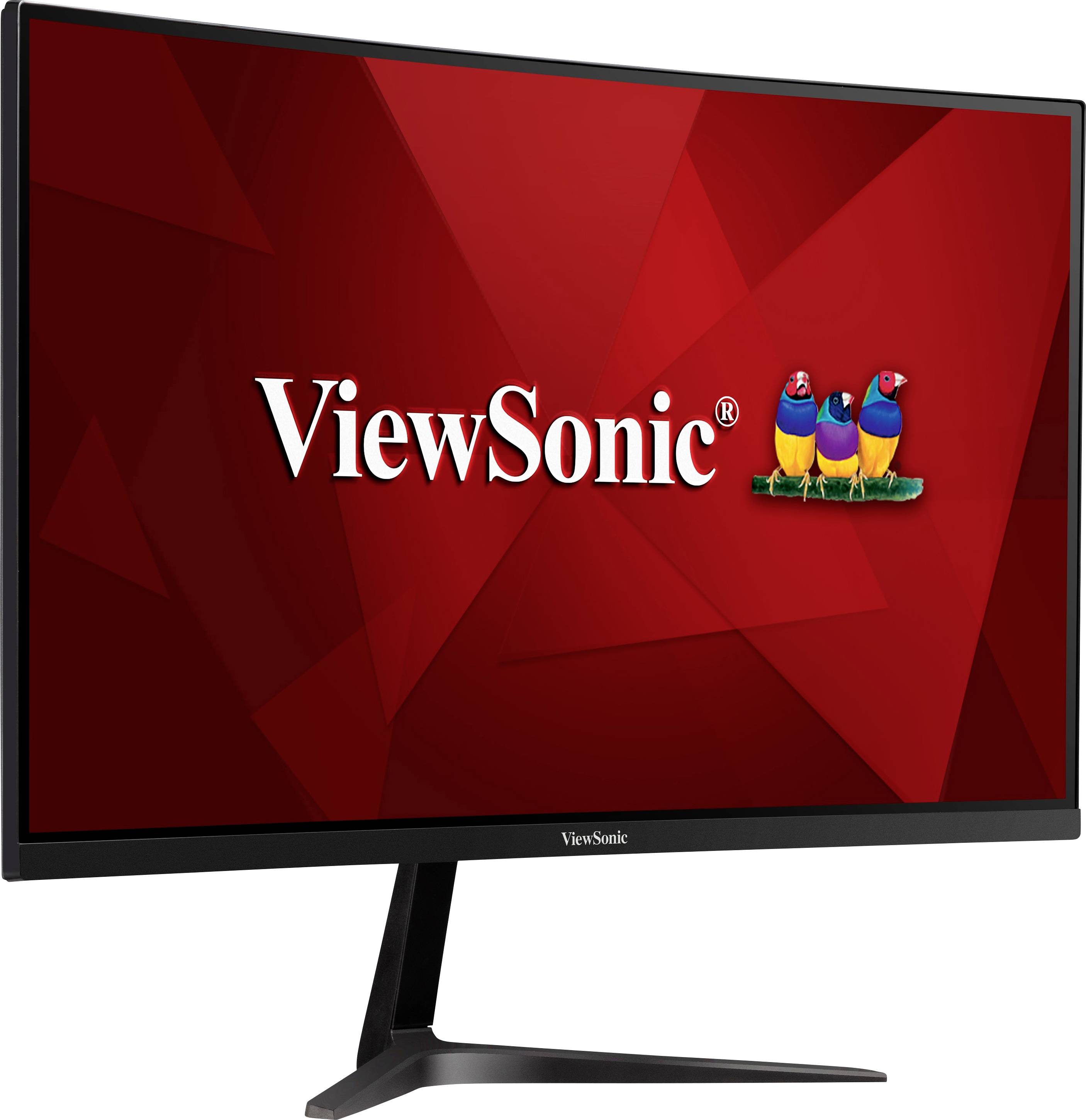 Monitor ViewSonic s černým rámečkem a trojúhelníkovitou podstavou na červeném pozadí s logem sestávajícím z třech barevných ptáků.
