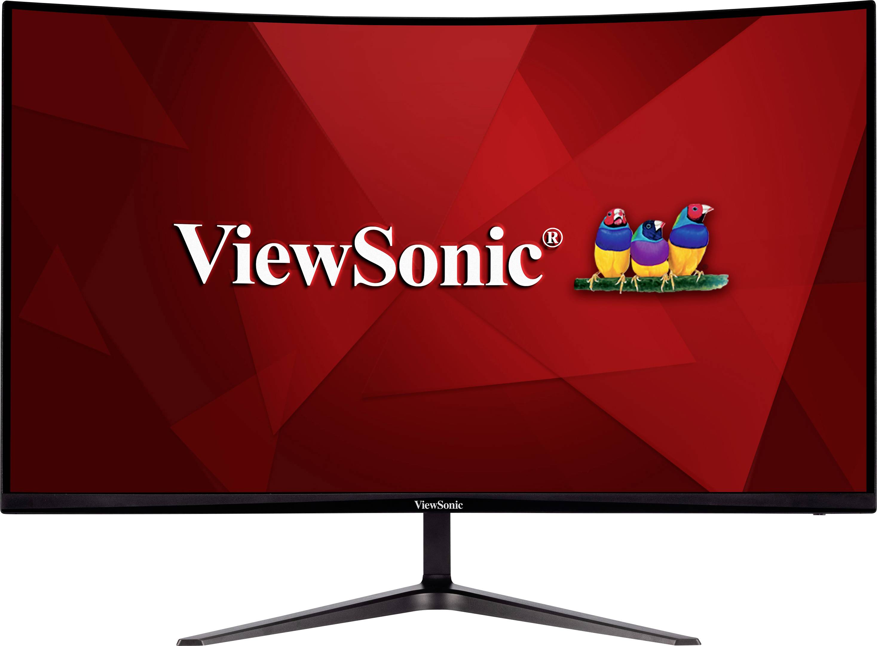 Zakřivený monitor ViewSonic s červeným pozadím a logem ViewSonic uprostřed, které zobrazuje tři barevné ptáky.