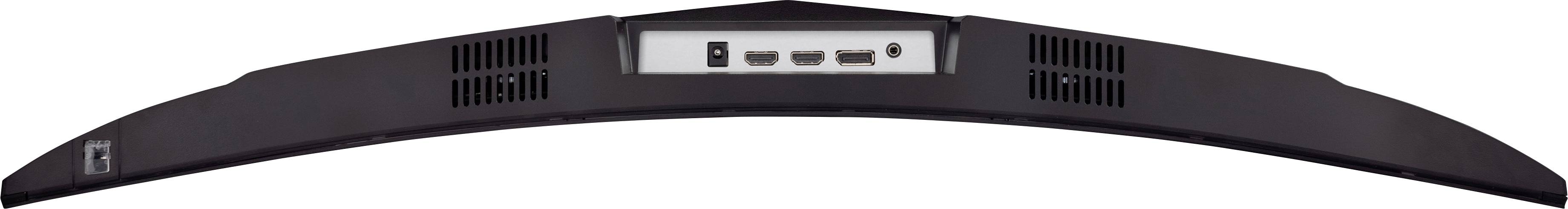 Zakřivené audio zařízení s několika porty na zadní straně, včetně USB a HDMI, vhodné pro montáž na stěnu nebo strop.