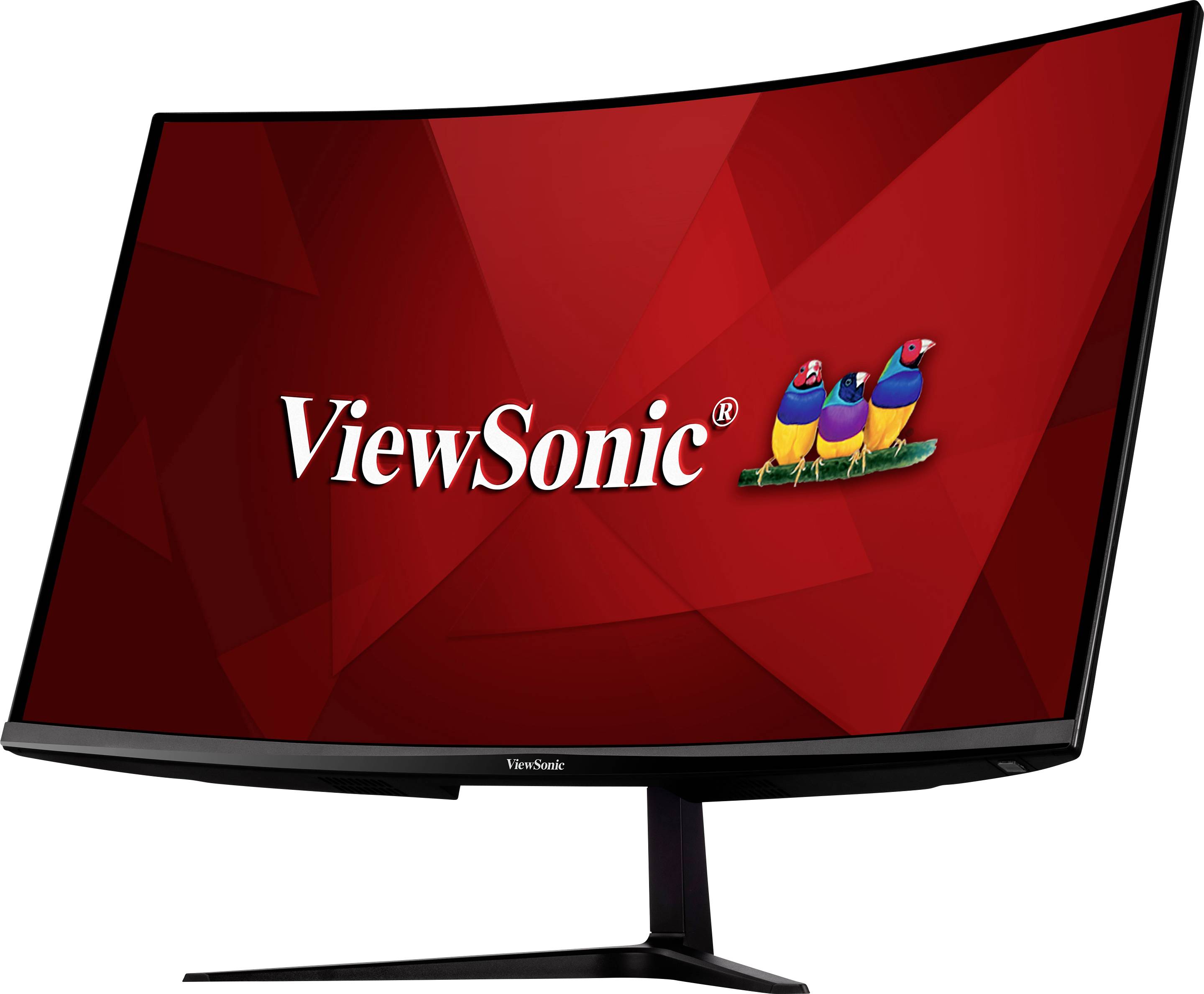 Zakřivený monitor s červeným displejem zobrazuje logo společnosti 'ViewSonic' a tři pestrobarevné ptáky napravo od textu.