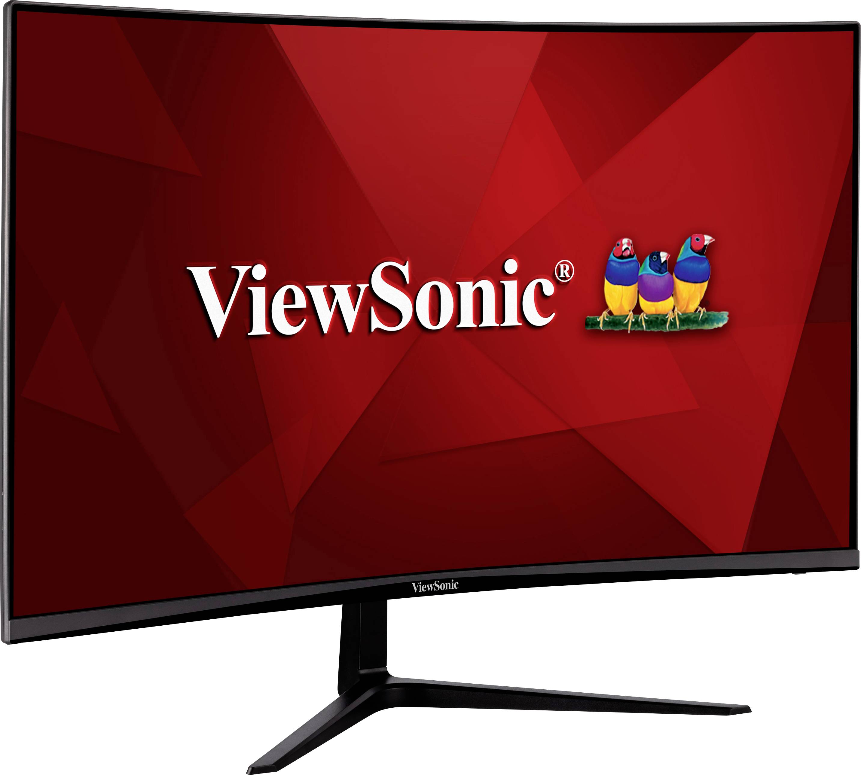 Prohnutý monitor značky ViewSonic s červeným pozadím a logem tří barevných ptáků na pravé straně.