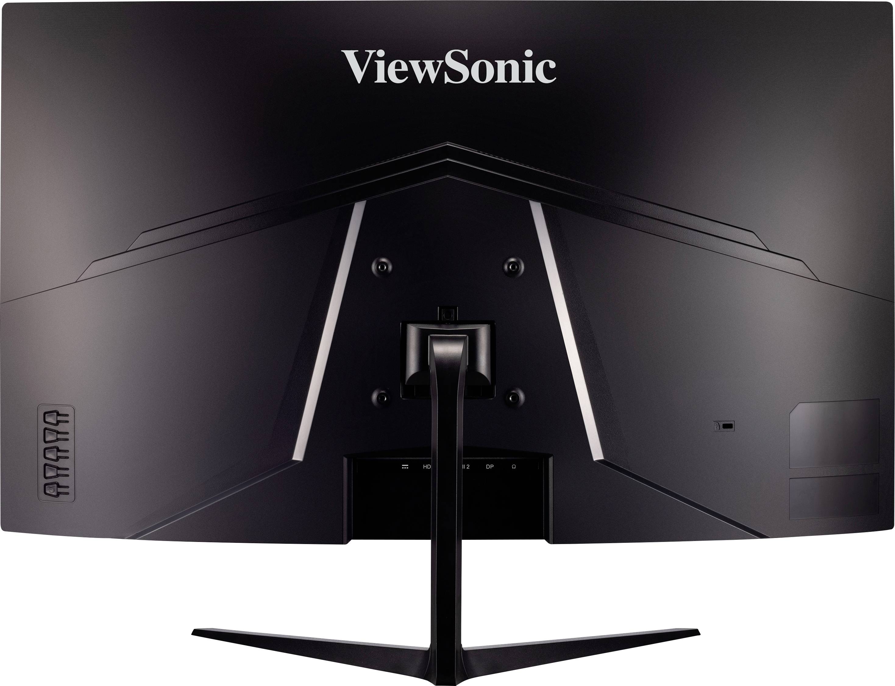 Černý monitor ViewSonic zachycený pohledem zezadu s minimalistickým designem a stabilní podstavou.