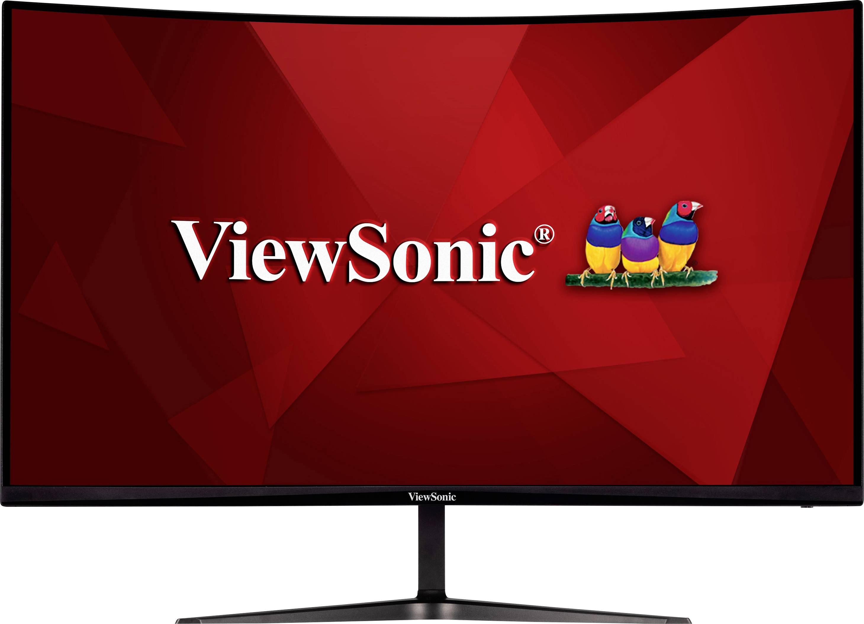 Počítačový monitor zobrazuje logo společnosti ViewSonic se třemi barevnými ptáky na červeném pozadí.