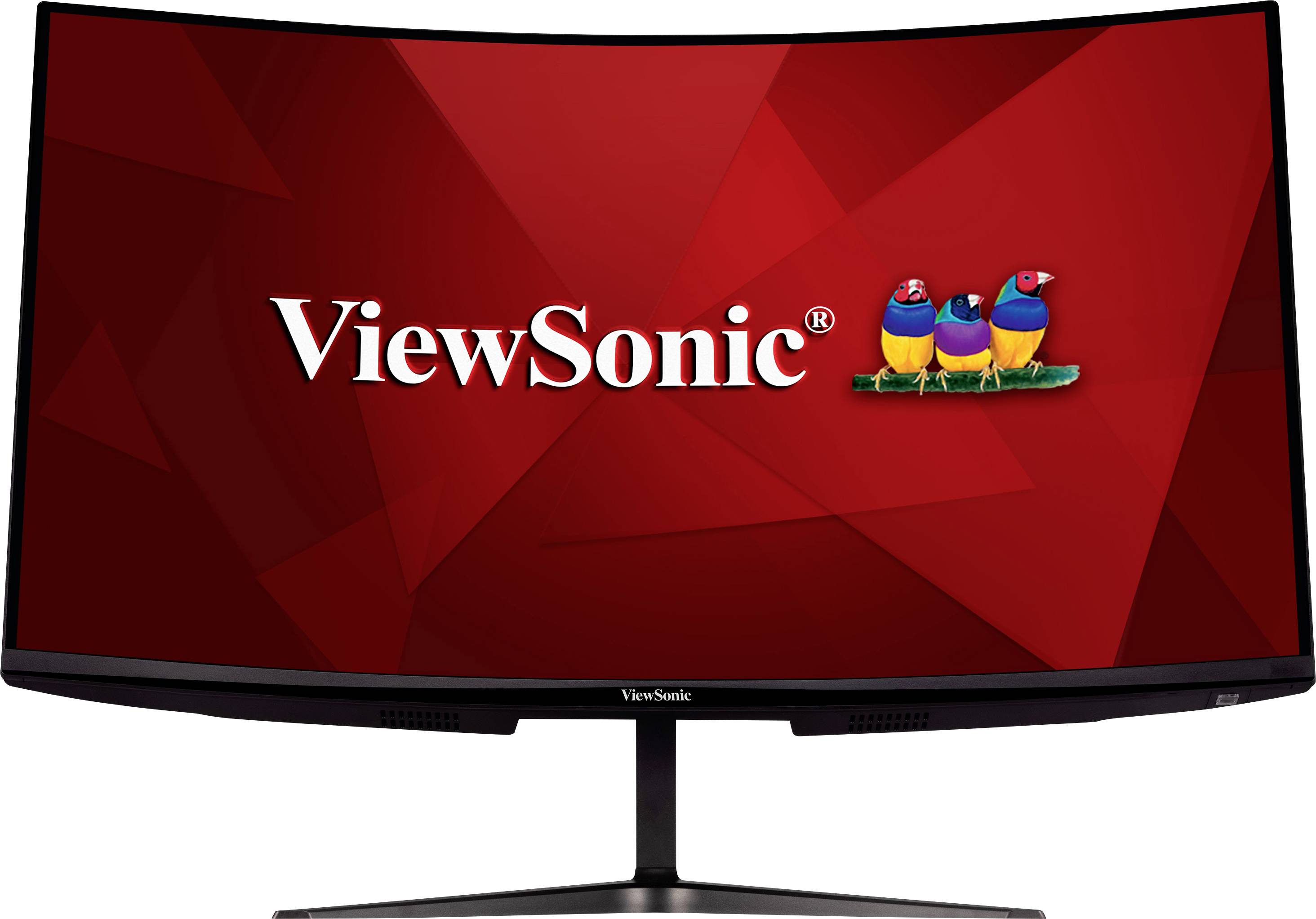 Zakřivený monitor zobrazuje logo 'ViewSonic' a barevné ptáky na červeném geometrickém pozadí.