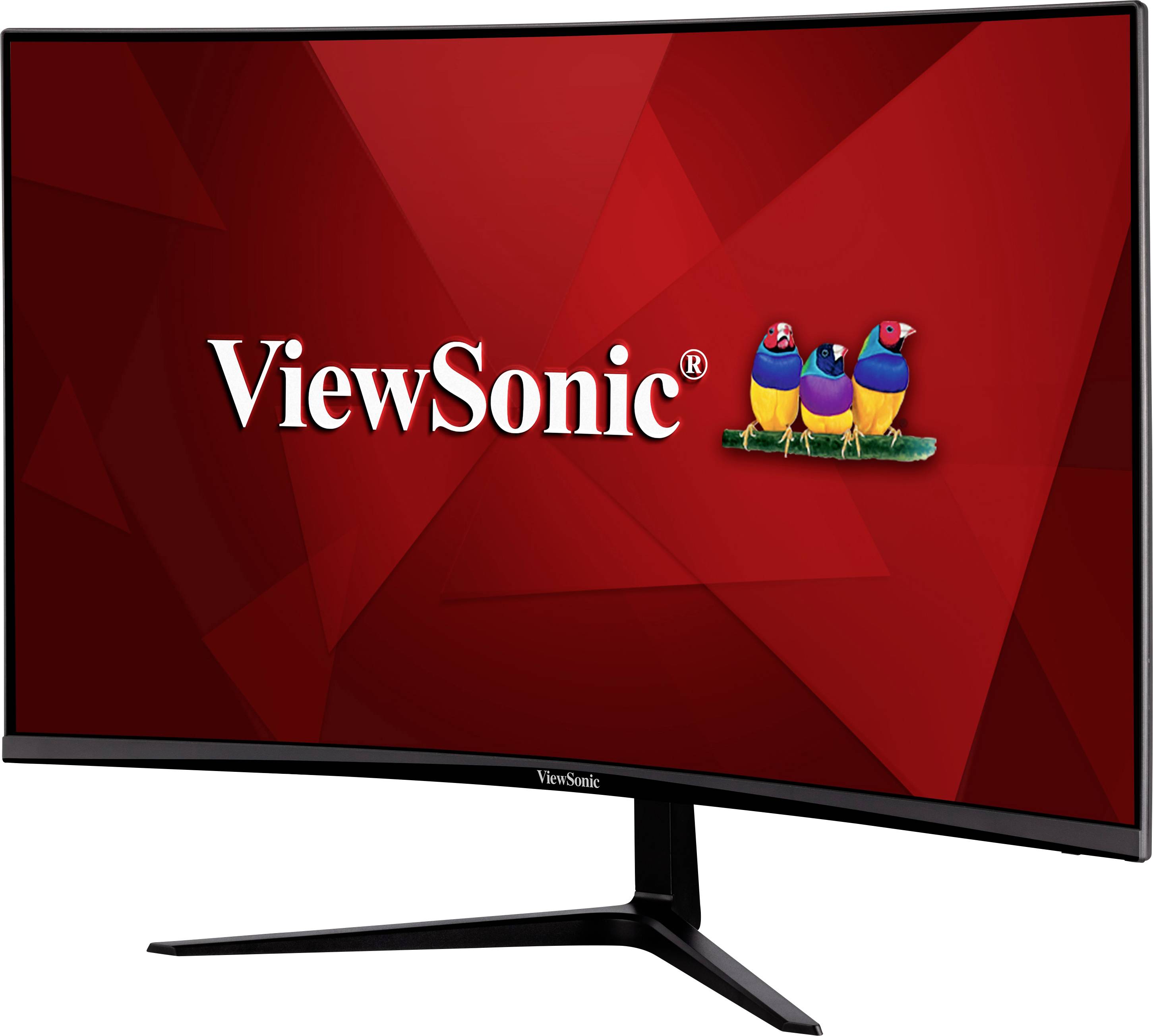 Zakřivený monitor ViewSonic s červeným pozadím a třemi barevnými ptáky vedle loga společnosti ViewSonic.