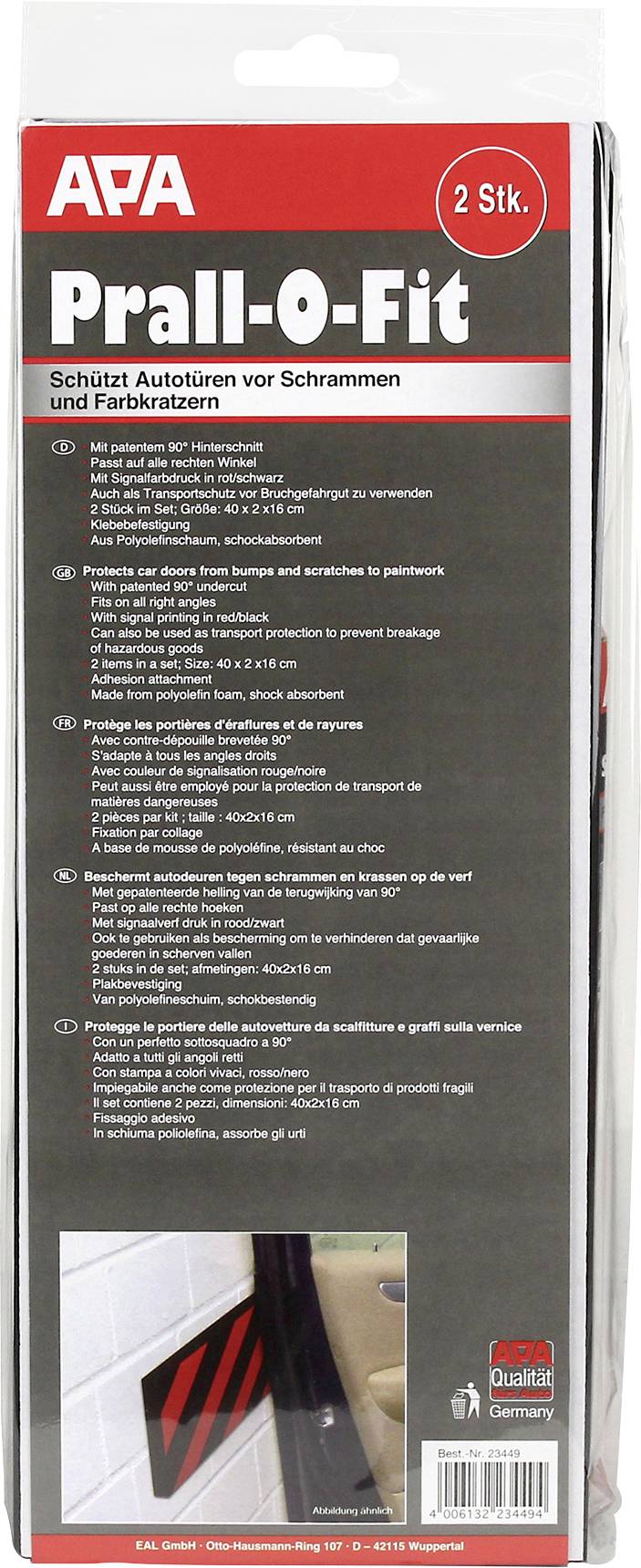 Obal 'APA Prall-O-Fit' ukazuje ochranný prvek dveří chránící před škrábanci a oděrkami na automobilových dveřích, v balení jsou 2 kusy.