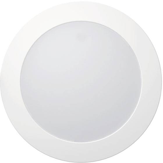 Kulatá, bílá stropní lampa s minimalistickým designem, vhodná do moderních interiérů.