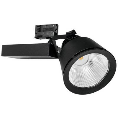 Černý LED reflektor s naklápěcí hlavou a obdélníkovou konzolí, vhodný pro kolejnicové osvětlení v interiérech.