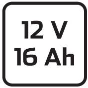 "12 V 16 Ah" bílým písmem na černém pozadí.