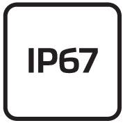 Znak 'IP67' na černém pozadí, který označuje vodotěsné a prachotěsné zařízení.