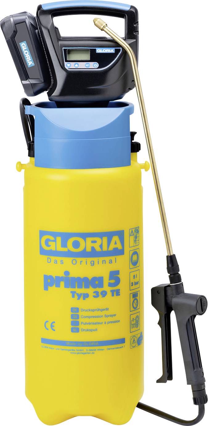 Žlutý postřikovač s modrým víčkem, dlouhou postřikovací trubicí a černou rukojetí. Nápis: 'GLORIA prima 5 Typ 39 TE'.