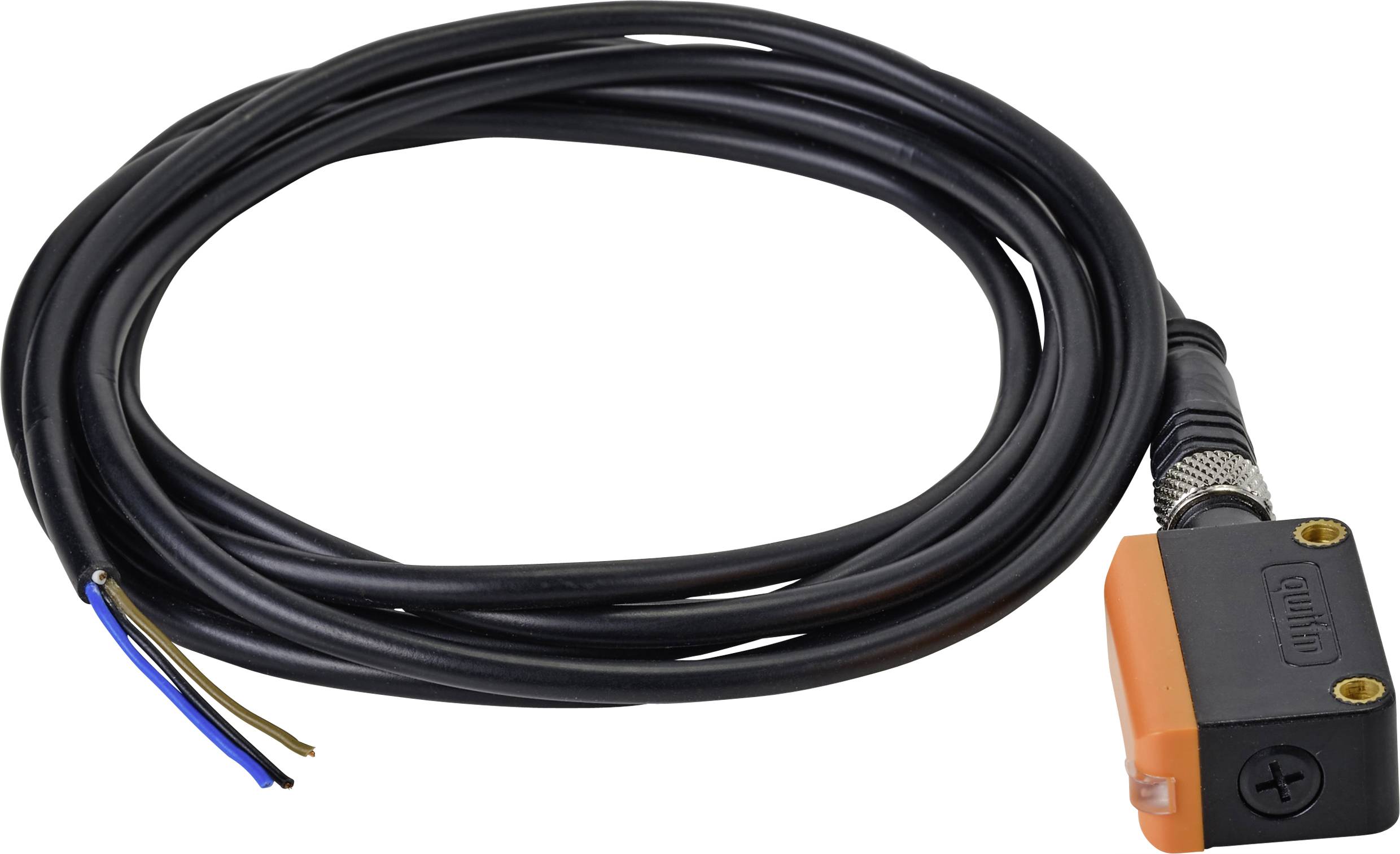 Černý kabel s obdélníkovitou zástrčkou a volnými vodiči na druhém konci, vhodný pro elektrické propojení.