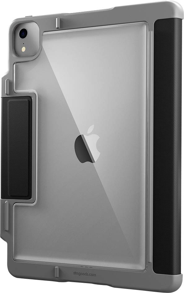 Šedý ochranný kryt s integrovaným stojanem pro tablet, volně viditelné logo Apple na zadní straně, otvor pro kameru v levém horním rohu.