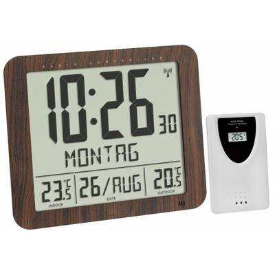Digitální rádiem řízené hodiny ukazují 10:26, pondělí 26. srpna. Vnitřní teplota: 23,5°C; venkovní teplota: 20,5°C. Vpravo: venkovní senzor.