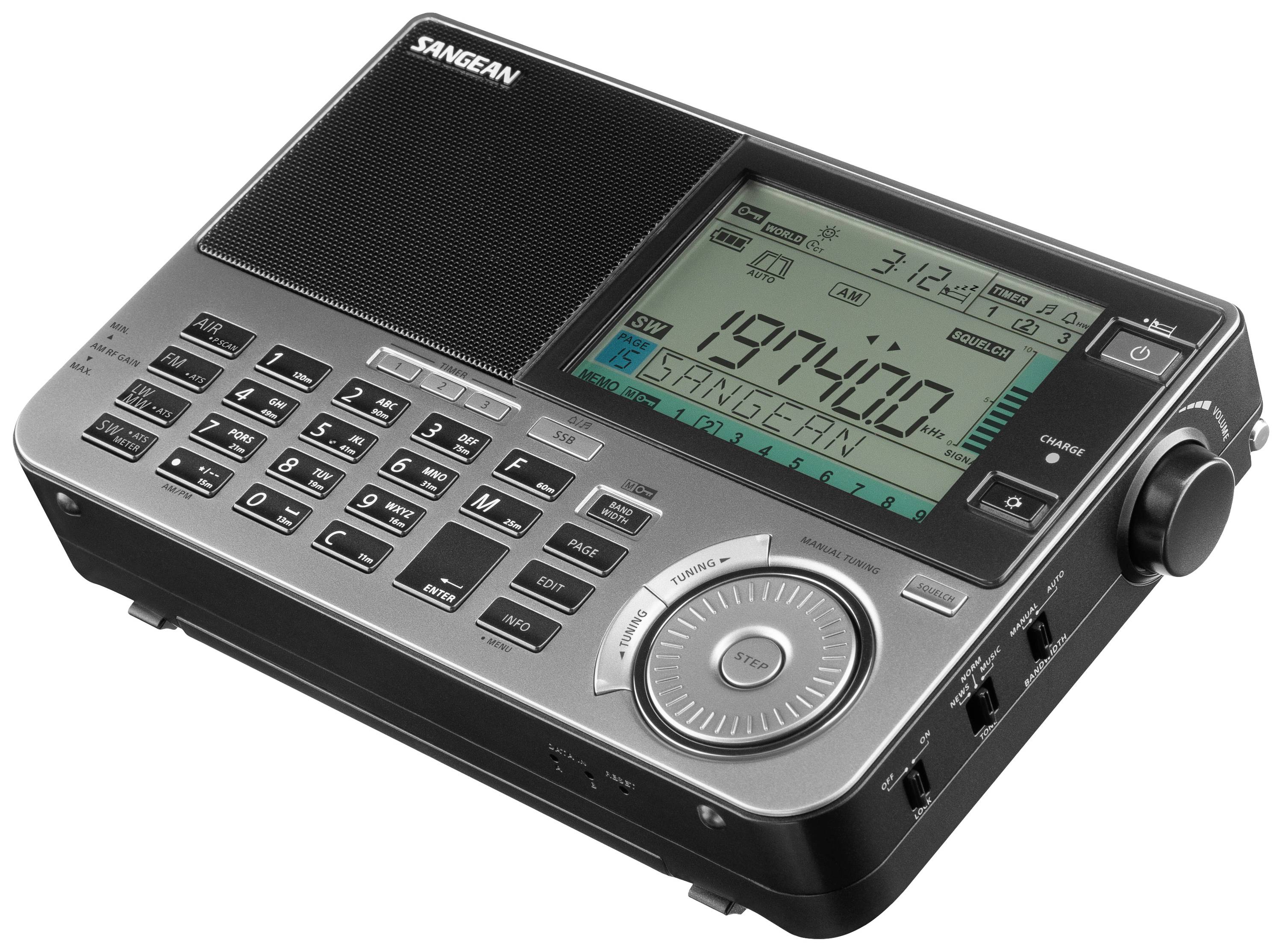 Přenosné rádio s klávesnicí, reproduktorem a digitálním displejem zobrazujícím frekvenci '197,400'. Vhodné pro nastavení rádiových vln.