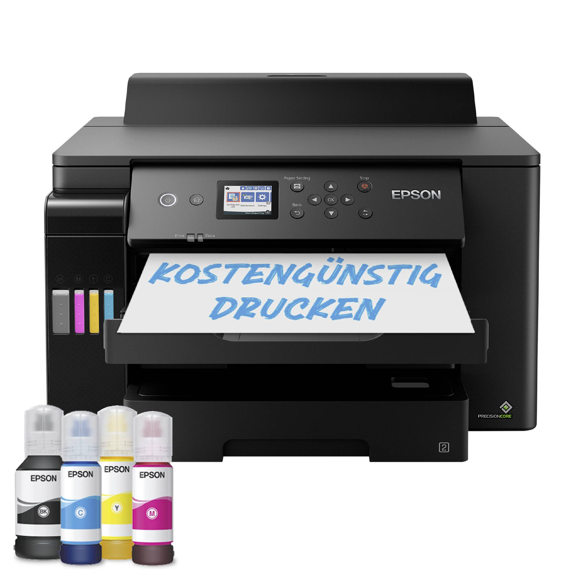 Tiskárna Epson se čtyřmi lahvičkami inkoustu před ní. Na listu je napsáno 'Tisk levně'.
