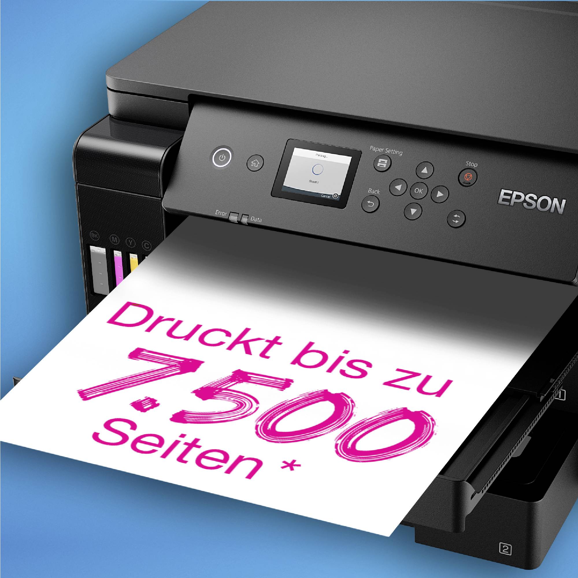 Tiskárna s listem papíru, na kterém je napsáno: „Tiskne až 7 500 stran*".