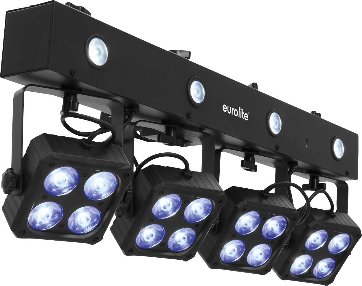 LED světelné zařízení se čtyřmi výkonnými reflektory svítícími modře, namontované na černém držáku; ideální pro jevištní osvětlení.