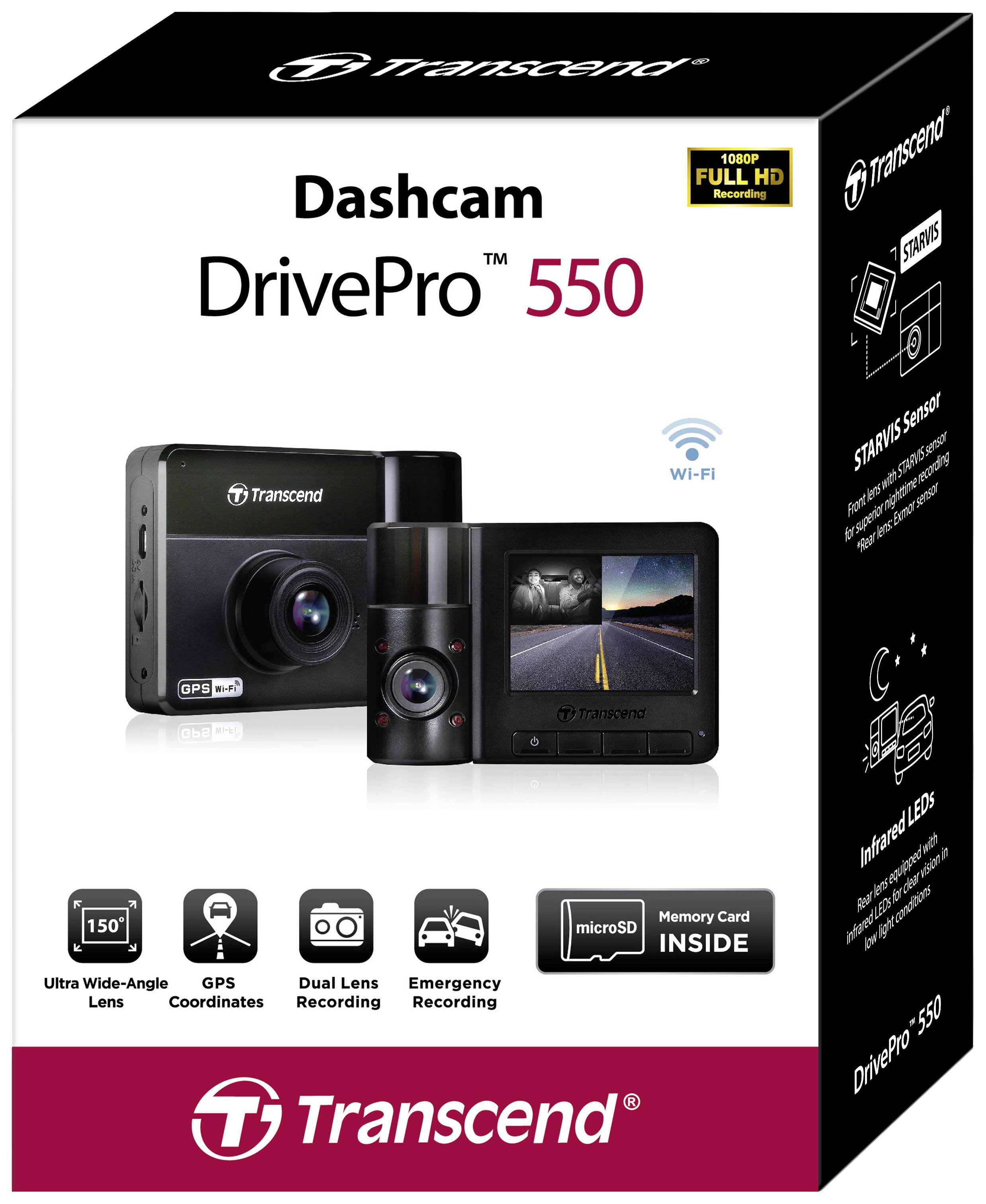 Kartonová krabice kamery Transcend DrivePro 550 s vyobrazeními kamery a funkcemi, jako jsou GPS, duální objektivy a nouzový záznam.