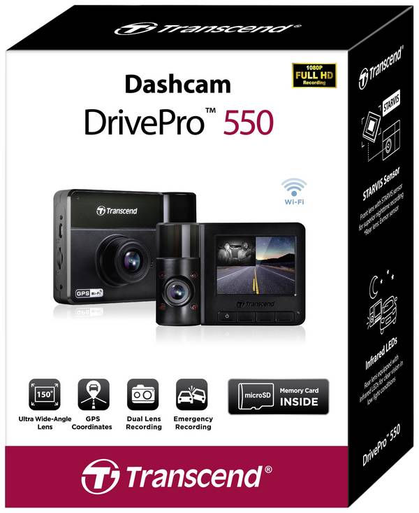 Transcend DrivePro 550B kamera za čelní sklo s GPS, 150 ° 12 V, 24 V  WLAN, akumulátor, vnitřní kamera