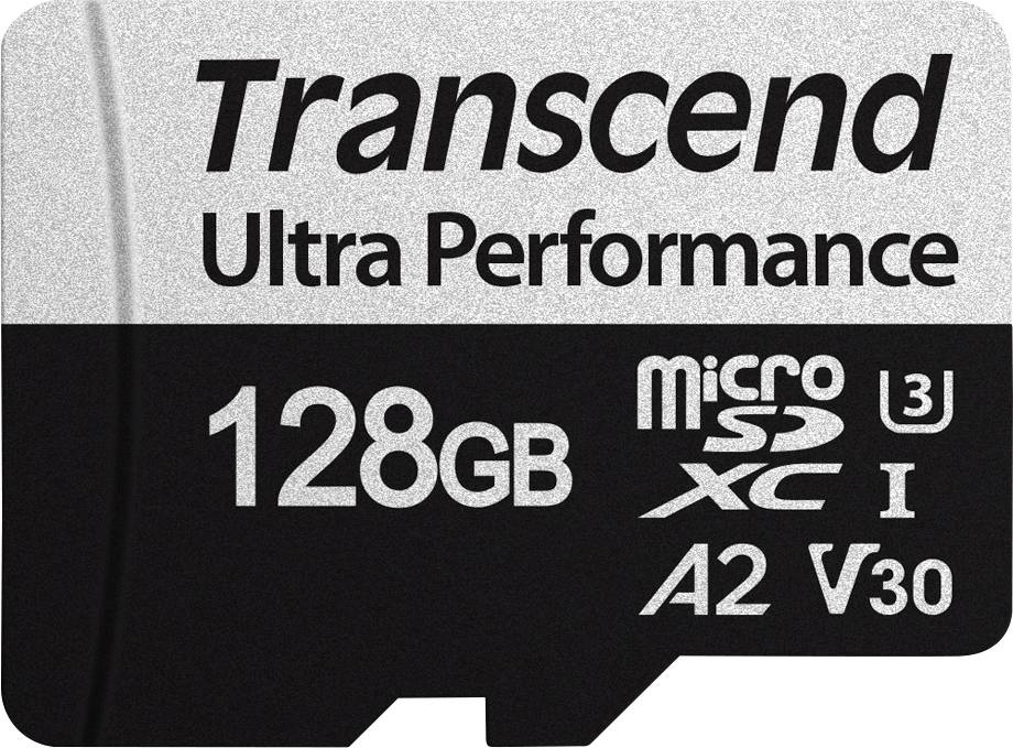 Mikro SD karta s nápisem 'Transcend Ultra Performance', kapacita paměti 128 GB, třída rychlosti microSDXC UHS-I, A2, V30.