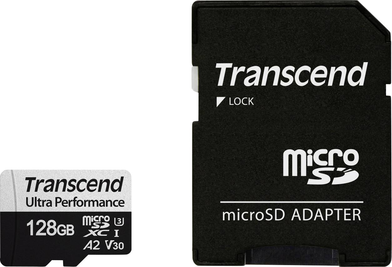 Karta microSD od Transcendu s 128 GB úložným prostorem vedle microSD adaptéru od Transcendu.