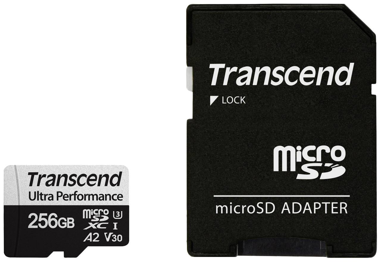 256GB microSD karta vedle microSD adaptéru s logem Transcend, která označuje vysoký výkon a kompatibilitu úložiště.