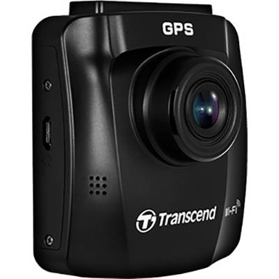 Palubní kamera v černém pouzdře s objektivem a logem GPS, značka 'Transcend'.