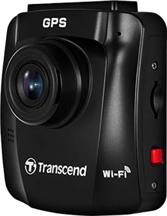 Kamera do auta 'Transcend' s GPS a Wi-Fi, černé tělo, výrazný objektiv, ovládací prvky po straně.
