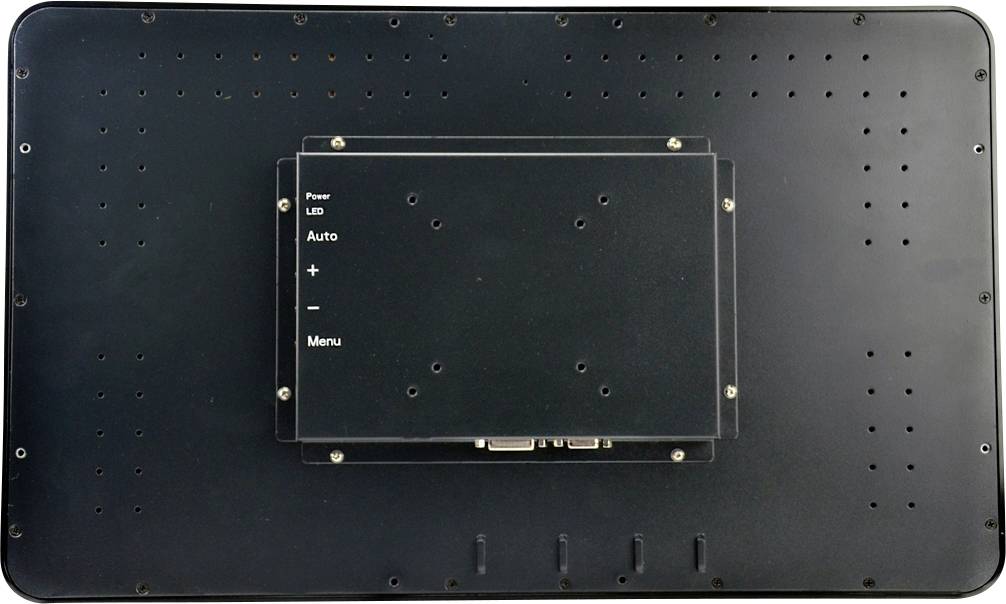 Zadní strana černého monitoru se dvěma ovládacími tlačítky: Napájení a Menu. Další volby: LED, Auto a +/-. Upevňovací šrouby jsou viditelné.