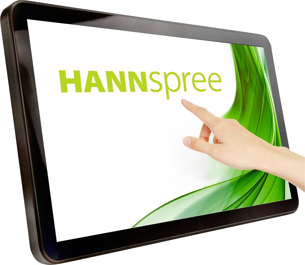 Ruka se dotýká obrazovky monitoru Hannspree s zeleným grafickým designem na bílém pozadí.