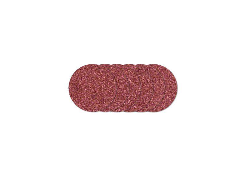 Šest červených brusných kotoučů uspořádaných v řadě před bílým pozadím.