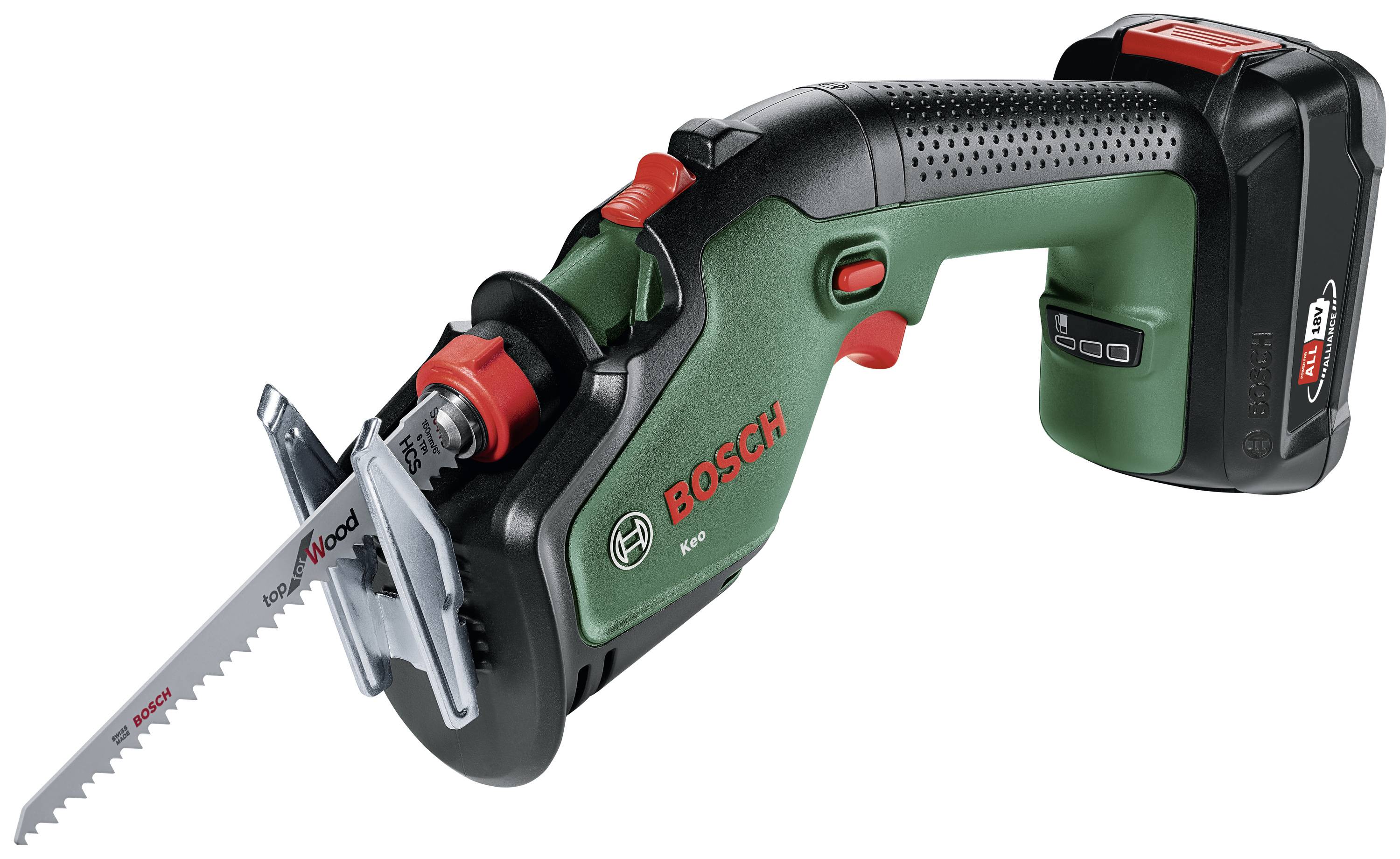Akumulátorová pila s červeným a černým držadlem, "Bosch EasyCut 12", s pilovým listem a akumulátorem.