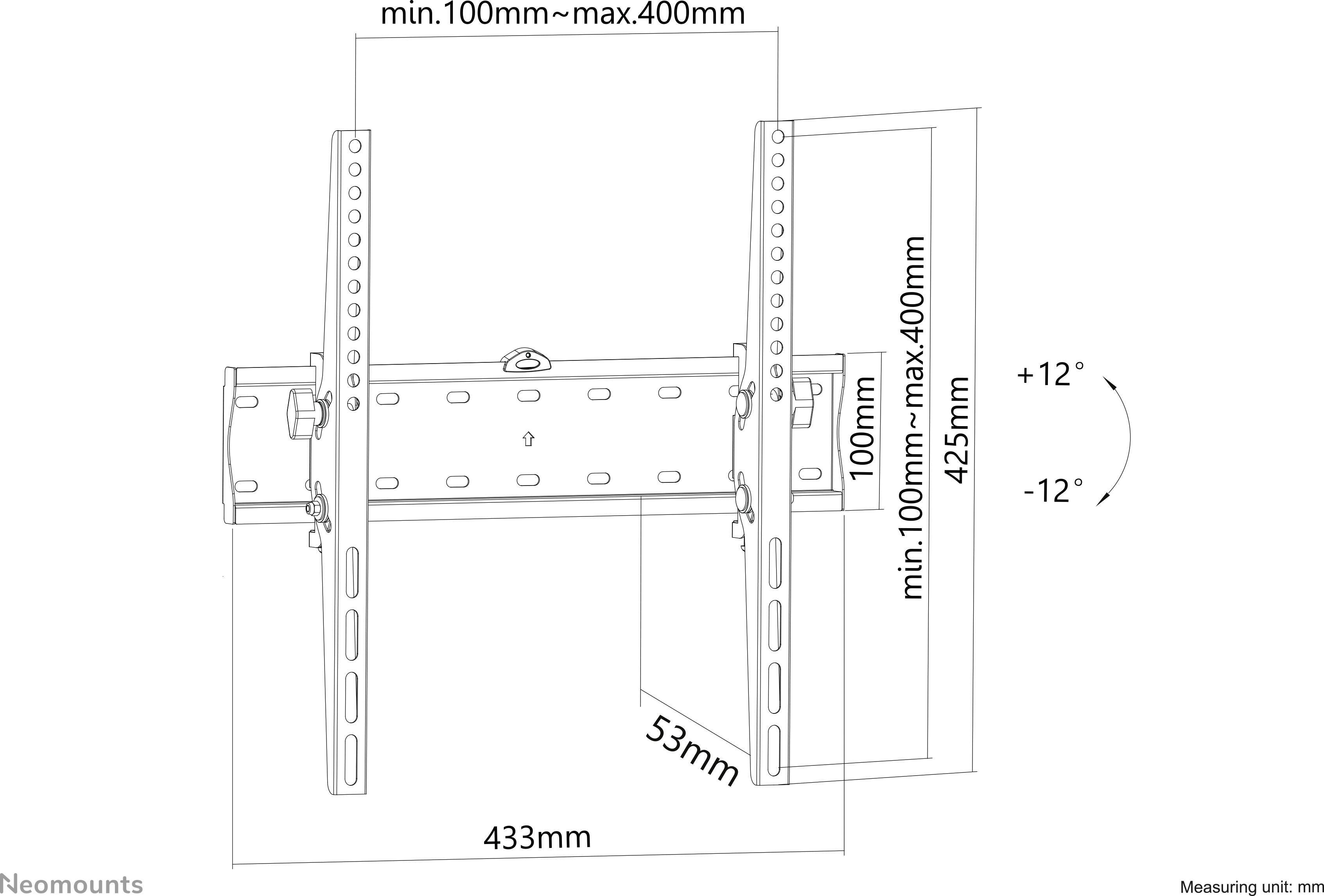 Náčrt nástěnného držáku s rozměry: šířka 433 mm, výška nastavitelná od 100 mm do 400 mm, náklon od +12° do -12°.