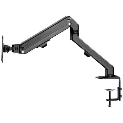 Černé rameno monitoru pro stolní počítače s nastavitelnými klouby a svorkou pro upevnění, vhodné pro ergonomická pracoviště.