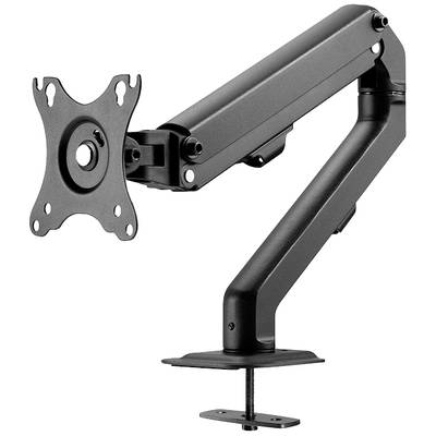 Černý ramený držák monitoru s nastavitelným kloubem, upevněný na okraji stolu. Vhodný pro flexibilní uchycení monitorů.