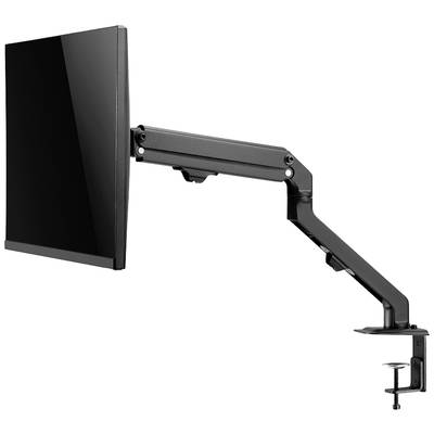 Černý monitor s kloubovým ramenem a svorkovým upevněním pro montáž na stůl, vhodný pro jeden monitor.