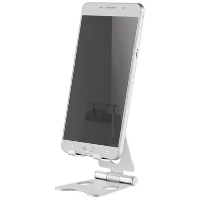 Smartphone na nastavitelném kovovém stojánku, mírně nakloněné dozadu. Stojánek má jednoduché, minimalistické provedení.