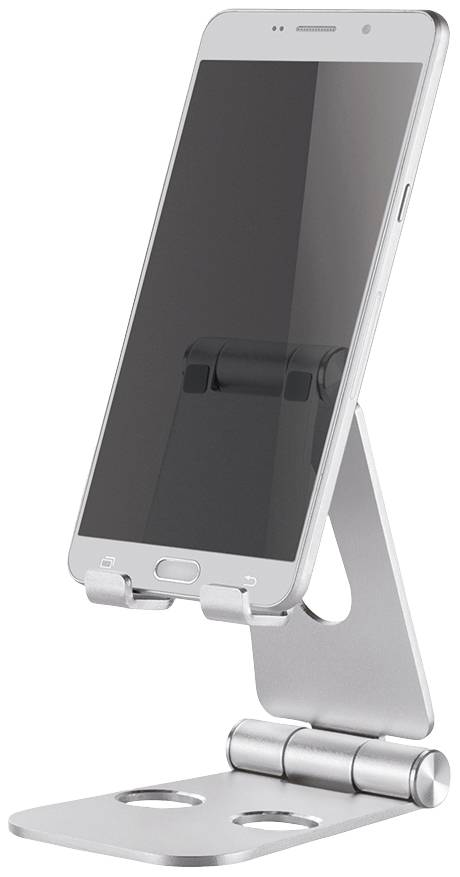 Smartphone v stříbrném kovovém stojánku, umístěné ve vzpřímené poloze, s nastavitelným držákem. Vhodné pro sledování videí nebo videohovory.