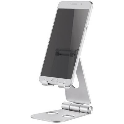 Smartphone v stříbrném kovovém stojánku, umístěné ve vzpřímené poloze, s nastavitelným držákem. Vhodné pro sledování videí nebo videohovory.