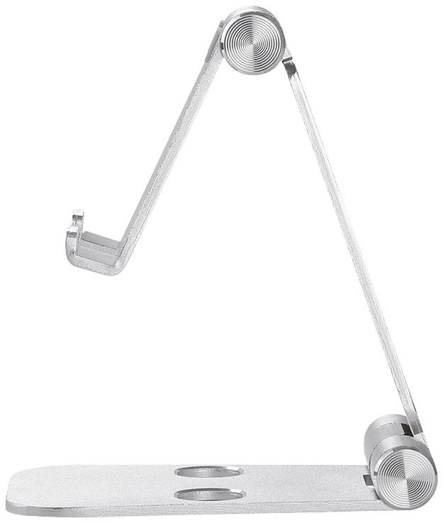 Stříbrný, nastavitelný stojan z kovu, vhodný pro tablety nebo smartphony. Má minimalistický design.