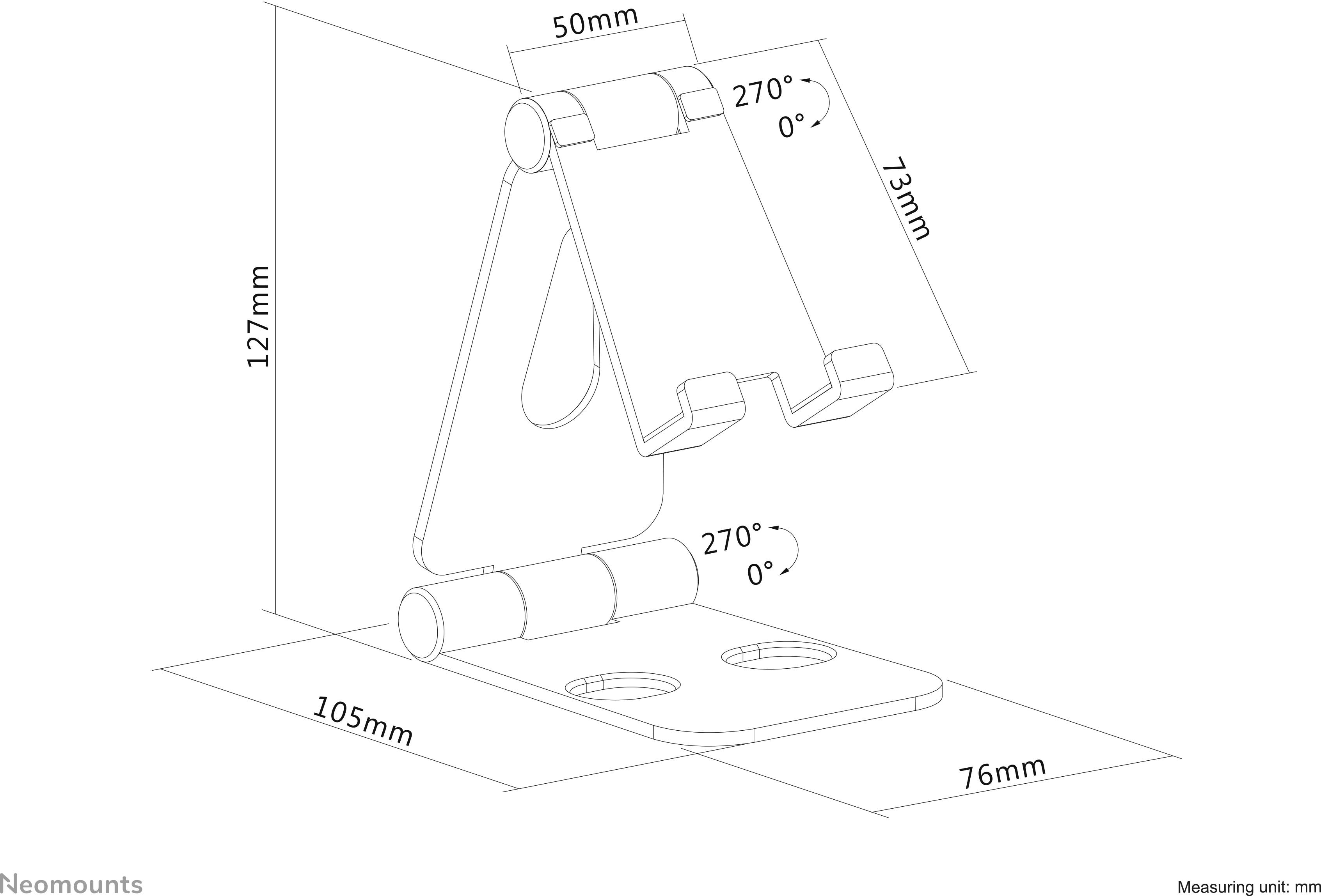 Výkres nastavitelného stojanu s rozměry: 127 mm vysoký, 105 mm hluboký, 76 mm široký. Naklonění od 0° do 270°.
