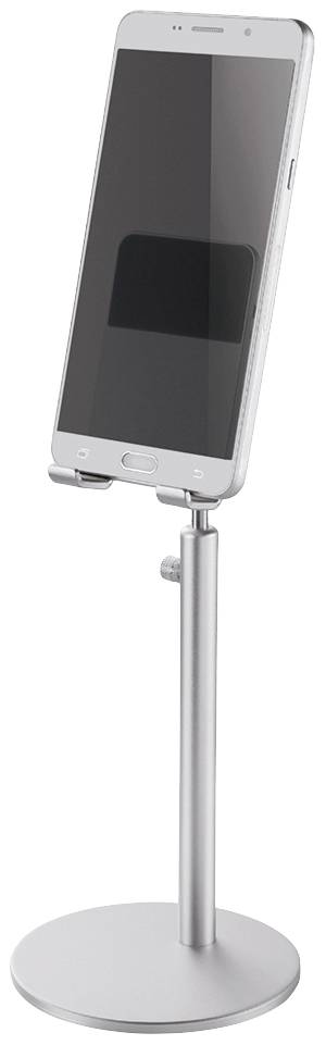 Stříbrný držák na mobilní telefon s nastavitelným stojanem udrží smartphone ve vzpřímené poloze. Ideální pro bezkontaktní používání na stolech.
