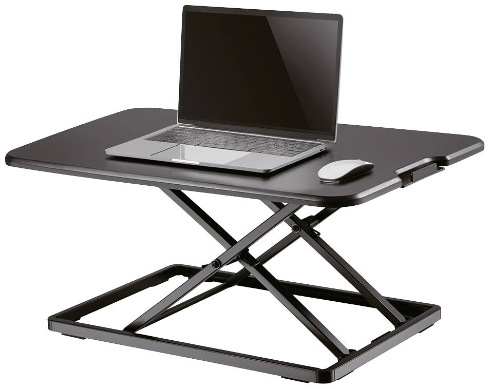 Výškově nastavitelný stojan na notebook s notebookem a myší, ideální pro zlepšení ergonomie při práci.