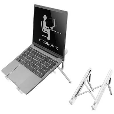 Laptop na nastavitelném stojanu ukazuje ergonomickou sedací polohu. Vedle něj je stojan složený.