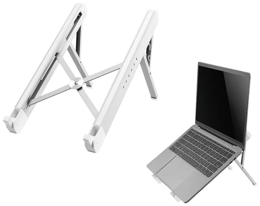 Přenosný stojan na notebook s skládacím designem, vyrobený z hliníku. Umožňuje variabilní výšku a náklon pro ergonomickou práci.