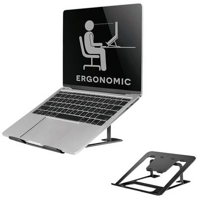 Notebook na stojanu, obrazovka zobrazuje piktogram osoby před počítačem s textem 'Ergonomic'.