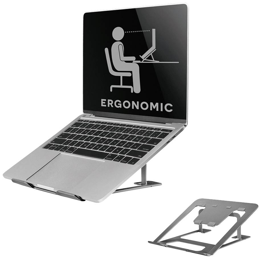 Laptop na ergonomickém stojanu, který zvedá displej do úrovně očí. Vedle něj složený stojan pro snadnou přepravu.