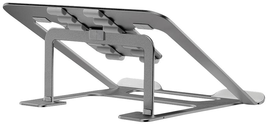 Nastavitelný kovový stojan na notebook stříbrné barvy, mírně naklopený nahoru, vhodný pro zvýšení polohy a zlepšení ergonomie.