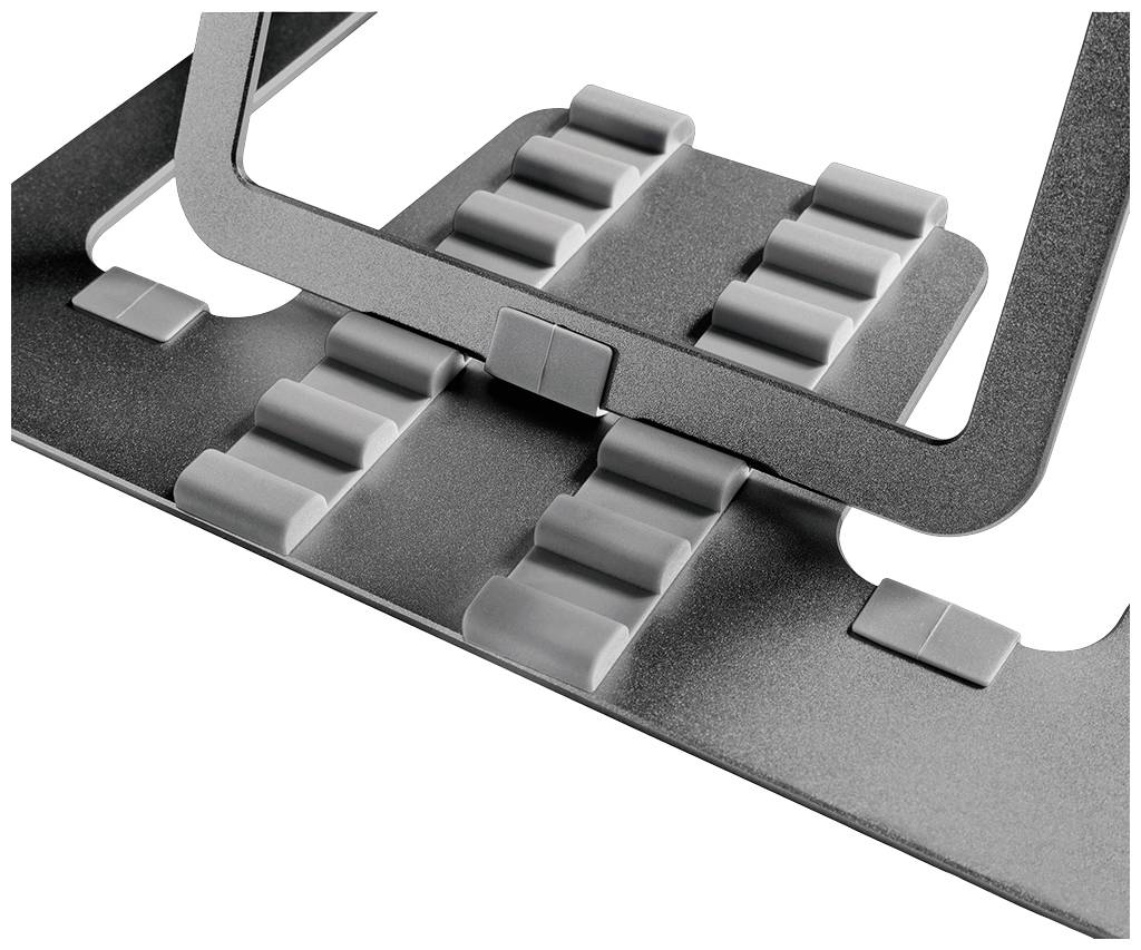 Držák na notebook s nastavitelnými šedými kolečky pro stabilizaci a úpravu výšky.